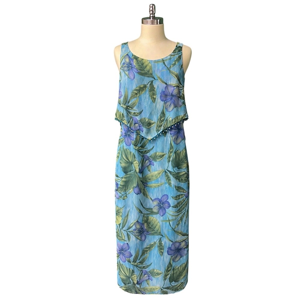 CDC Petite Vintage Blue Tropical Floral Hibiscus Maxi Dress Beaded Womens sz 10